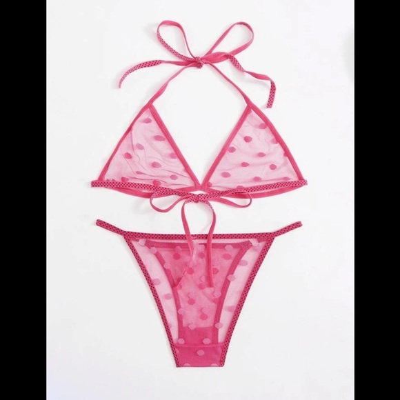 Pink, Polka Dot, Mesh, Lingerie Set - Picture 3 of 6